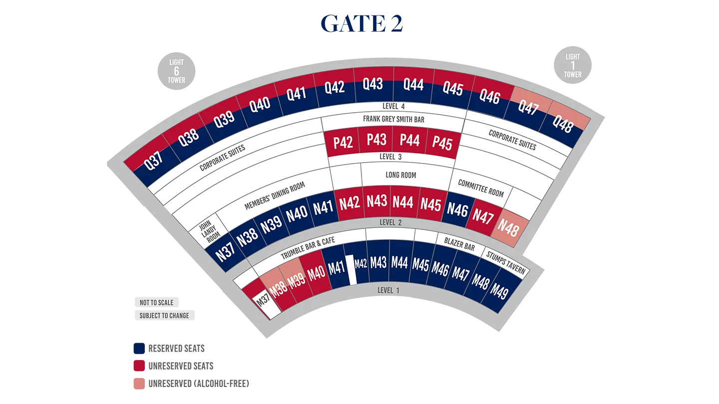 Map of Members' Reserve with four levels and unreserved and reserved seating.
