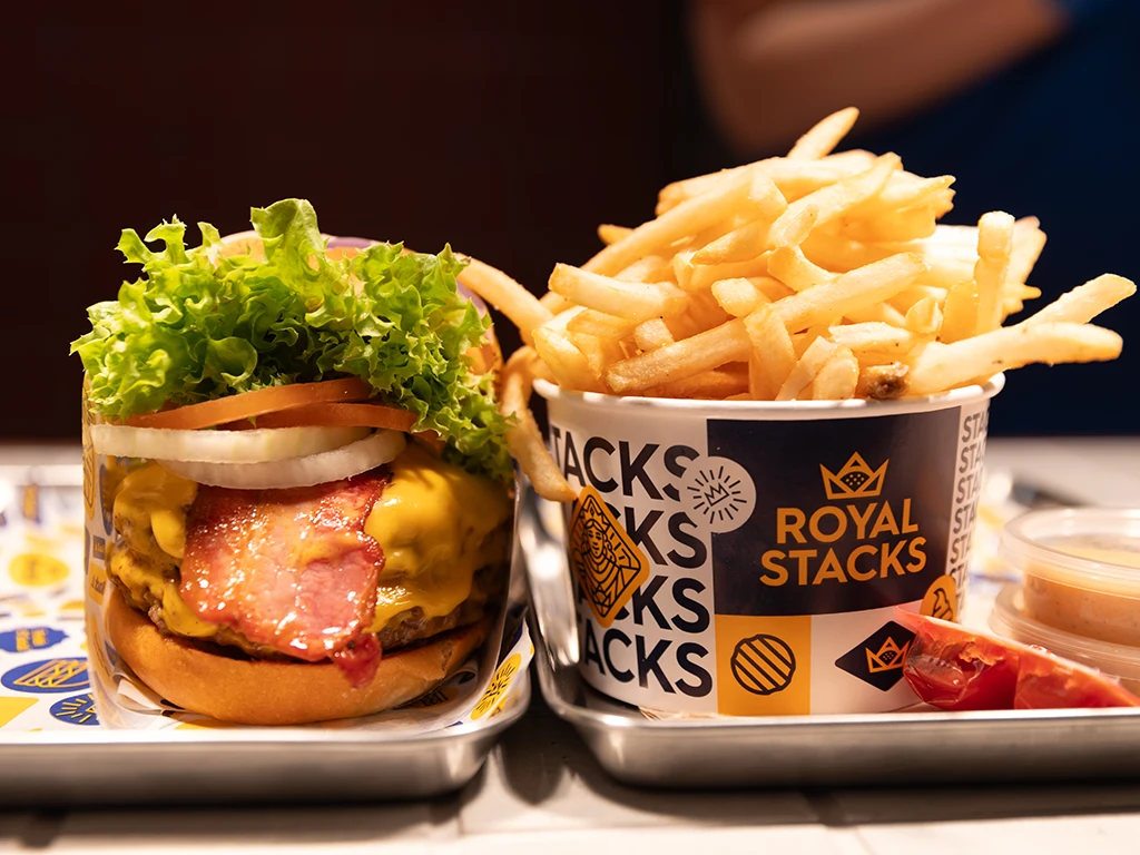 Royal Stacks burger and chips