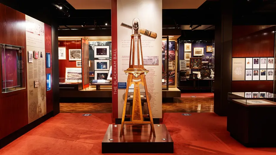 The Blackham Ball sculpture and mounted cricket ball