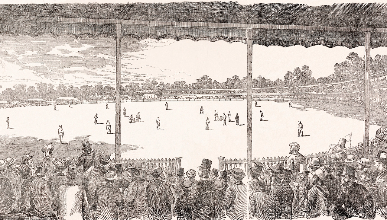A vintage illustration featuring a cricket match played on the Melbourne Cricket Ground between the Eleven of All- England and the Eighteen of Melbourne, published in the "Illustrated Australian Mail" on 18th January 1862.  (Photo by Popperfoto via Getty Images/Getty Images)