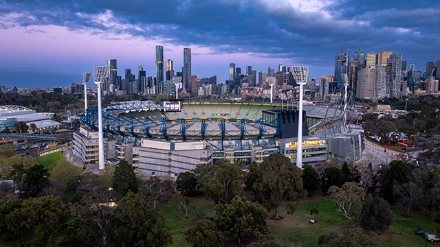 An aerial view of the MCG at sunrise ahead of the 2025 AFL Grand Final
