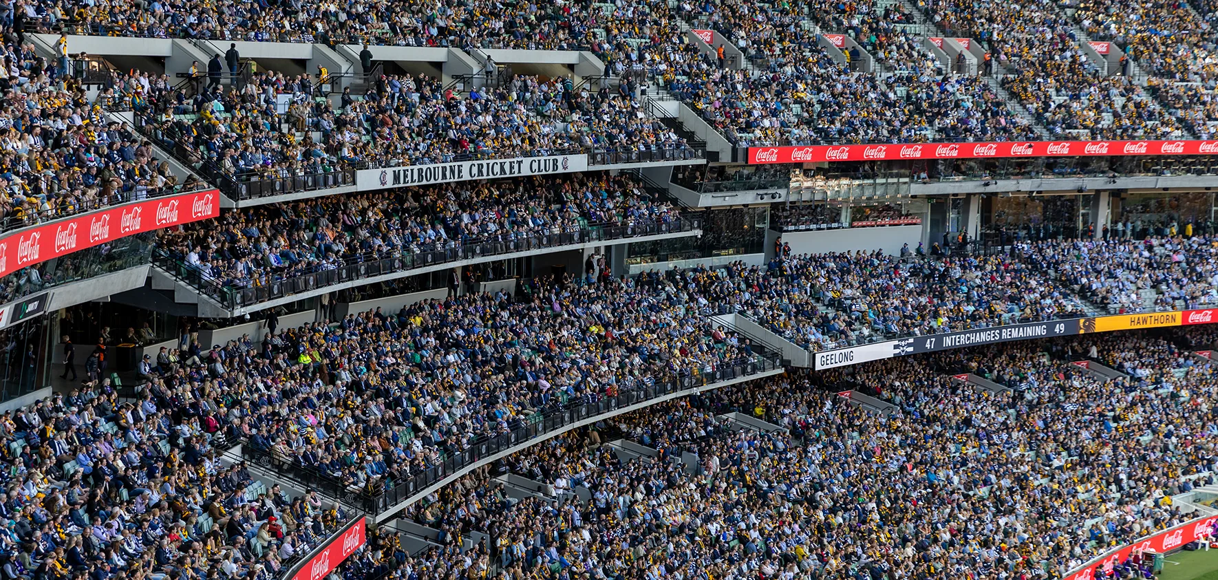 Crowds in Members' Reserve for Geelong and Hawthorn AFL match