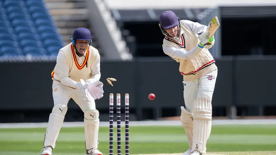 Marylebone wicketkeeper exclaims as cricket ball strikes MCC stumps