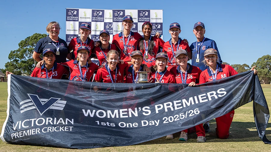 MCC Cricket Women's team photo with premiership cup and medals