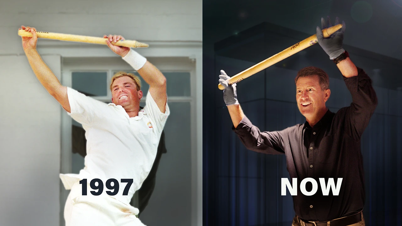 Shane Warne dancing with cricket stump in 1997 side by side with Mark Taylor now