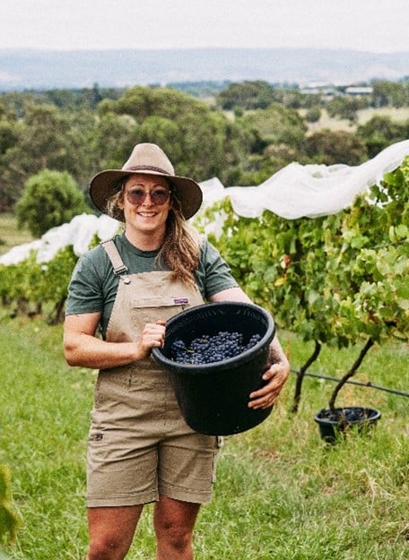 Tillie Johnson with bucket of grapes in vineyard