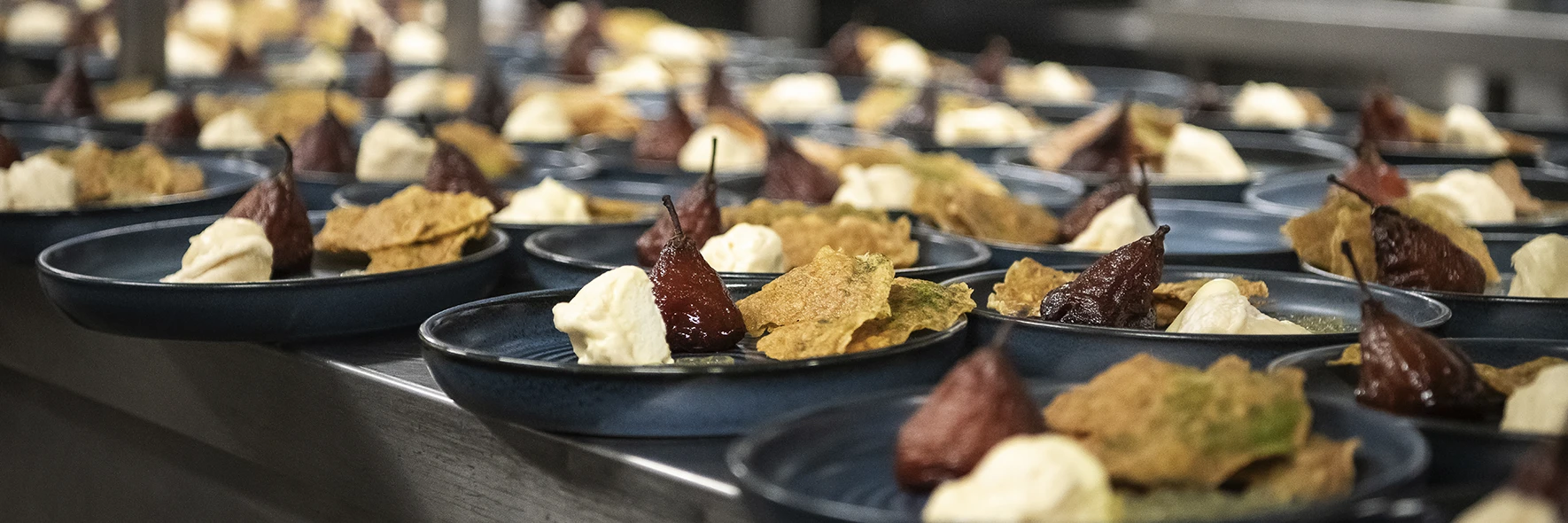 Rows of plated desserts
