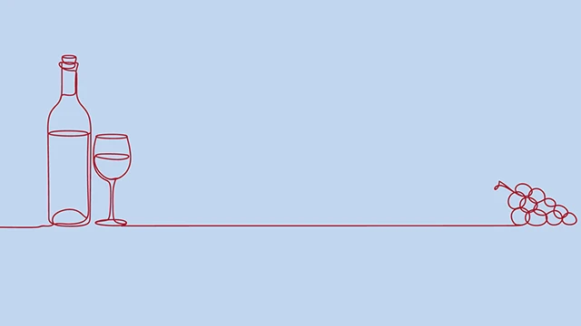 Line illustration of a wine bottle and grapes