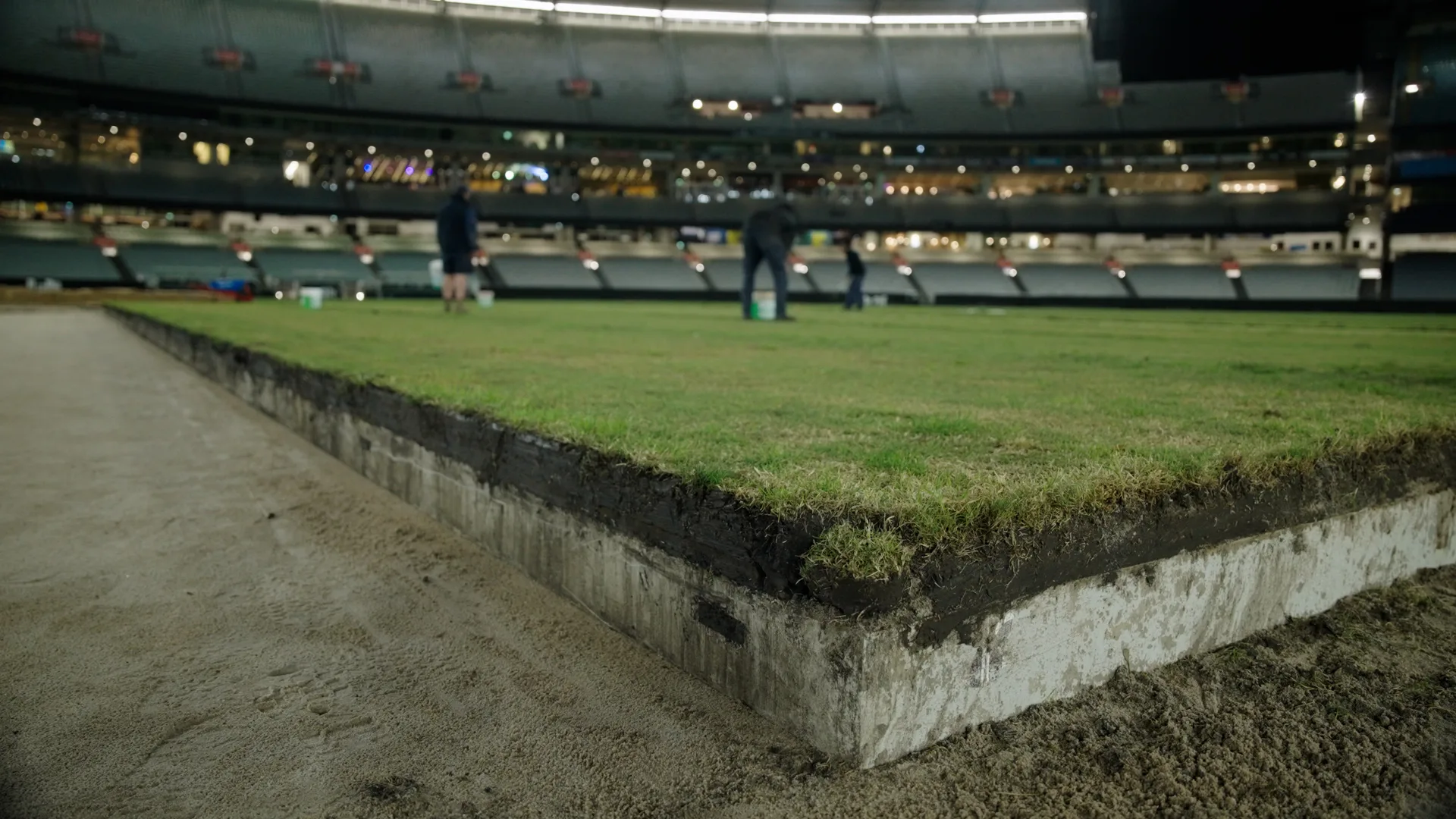 Close view of the drop-in wicket block set into the MCG arena at night
