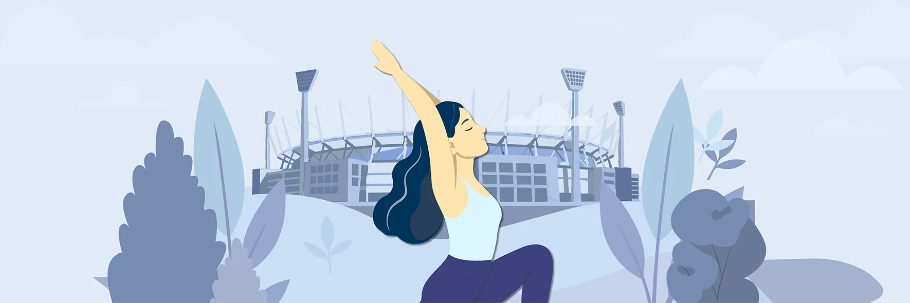 Figure in yoga pose against the backdrop of the MCG