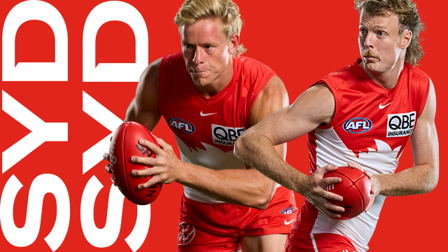 Sydney Swans players in front of a red and white background